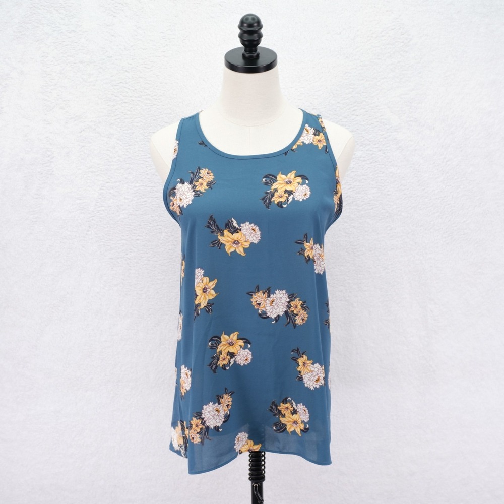 Ann Taylor Loft Medium Blue Sheer Yellow Floral Blouse Top Sleeveless Round Neck